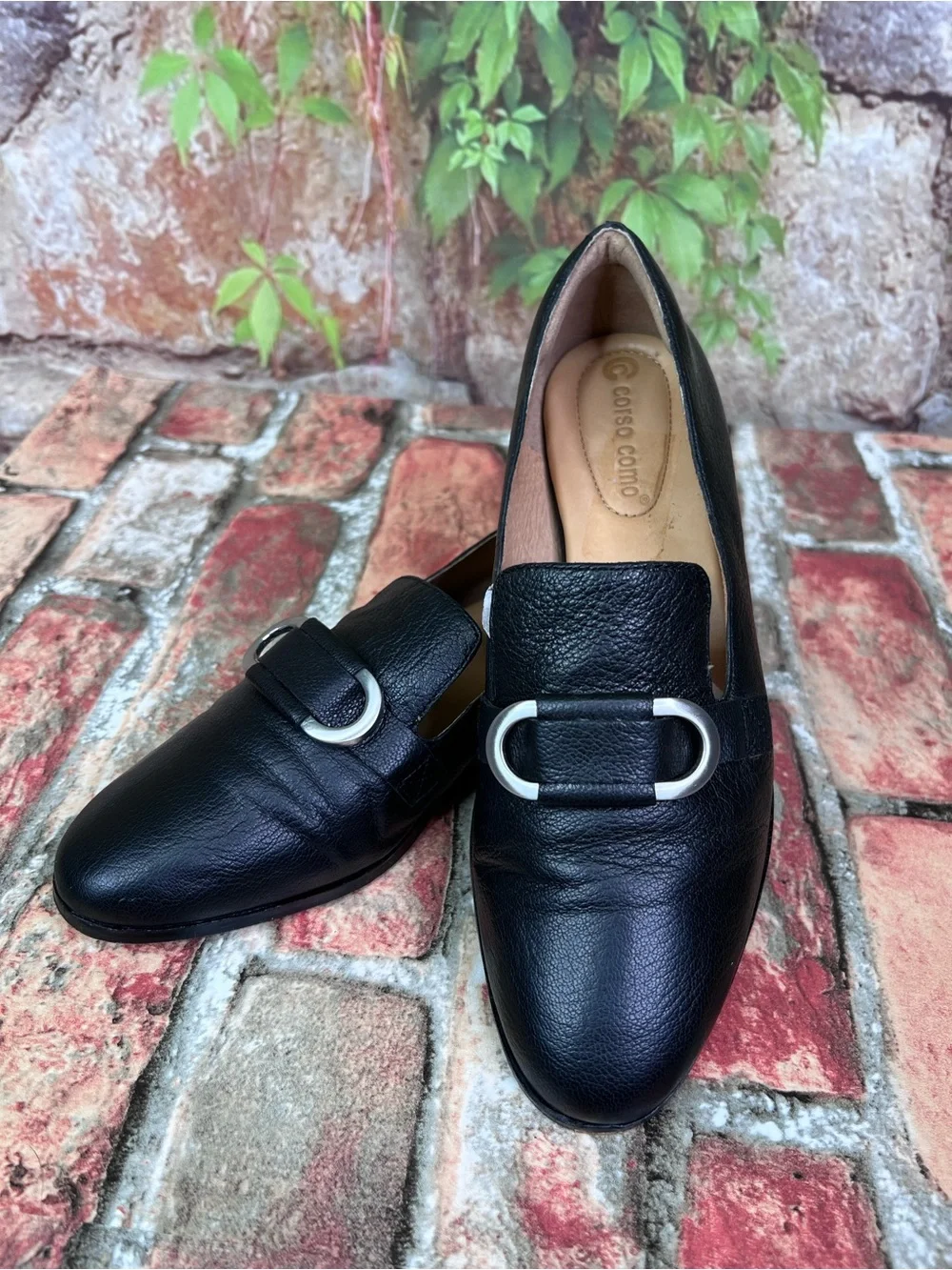 CORSO COMO Black Leather Quiet Luxury Minimalist Loafers with Silver Buckle, 7.5_2